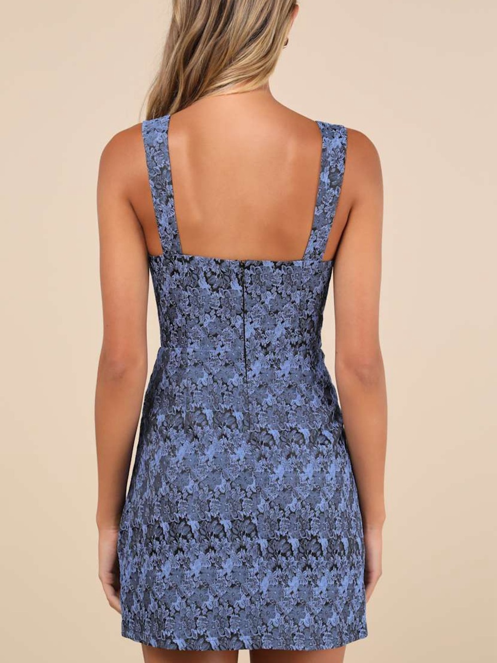 Lulus Sophisticated Celebration Dark Blue Jacquard Floral Mini Dress X-Large NWT - Picture 2 of 8